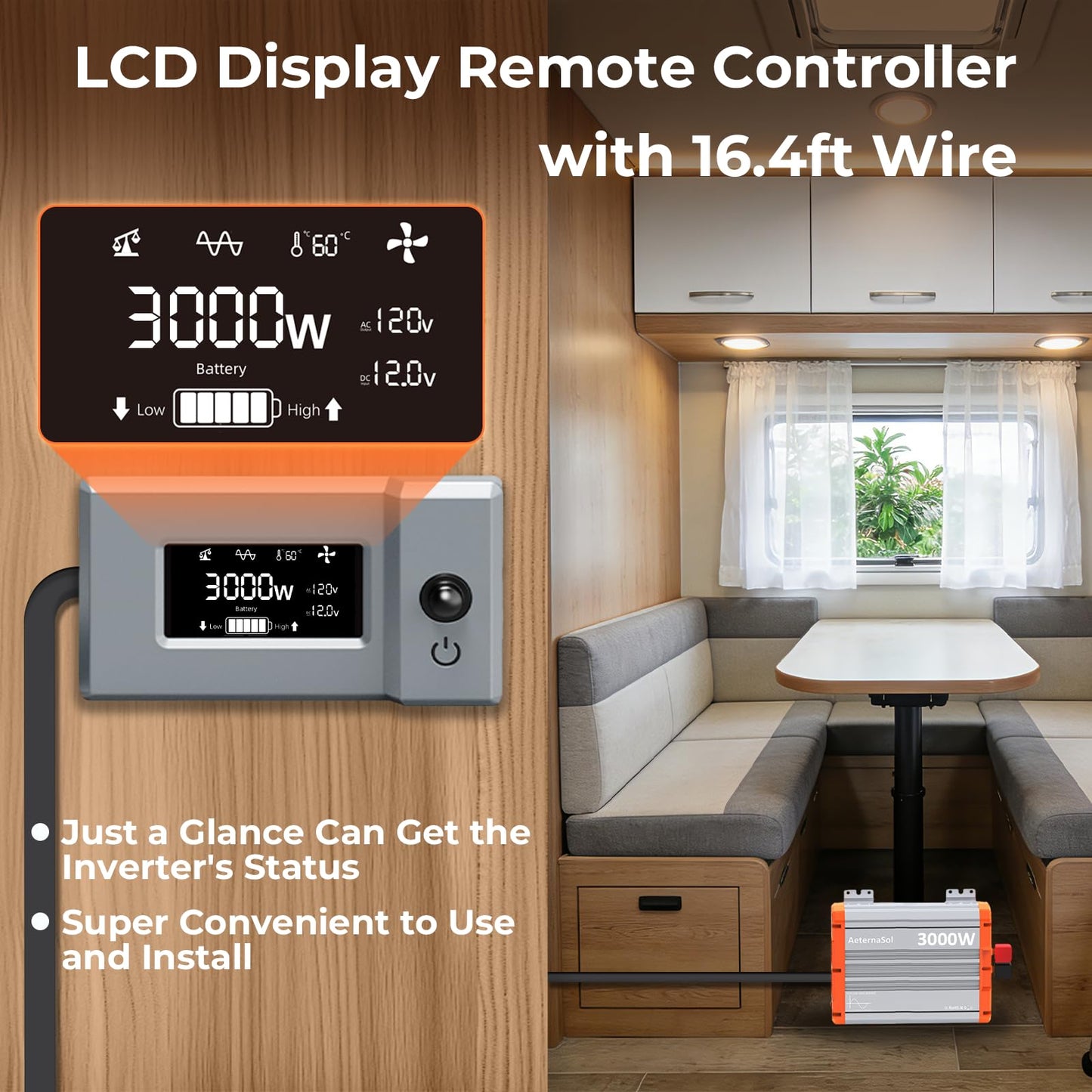 3000W Pure Sine Wave Inverter 12V DC to AC 110/120V, RV Inverter with Remote, Solar Battery Inverter 12V Inverter for Power Outage Off-grid Shed,2 Big AC Outlets,USB&USB-C 30W,2 LCD Screens,Surge6000W