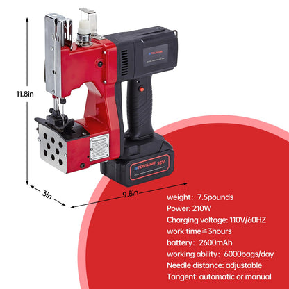 Cordless Bag Sewing Machine，Work Speed（2s/bag），36V Rechargeable Battery+2 Volumes of Thread+10 Needles，Bag Closer Machine Specially Designed for Woven Bag, Burlap Bag