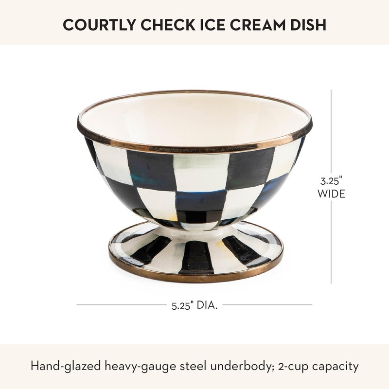 MACKENZIE-CHILDS Enamel Ice Cream Bowl, Serving Bowls for Entertaining, 2-Cup Capacity, Gray-and-White Sterling Check