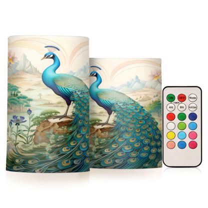 BOENLE Flickering Flameless Candles, Peacock Garden LED Candles with Remote Timer, Set of 2 Battery Operated Candle for Valentine Wedding Birthday