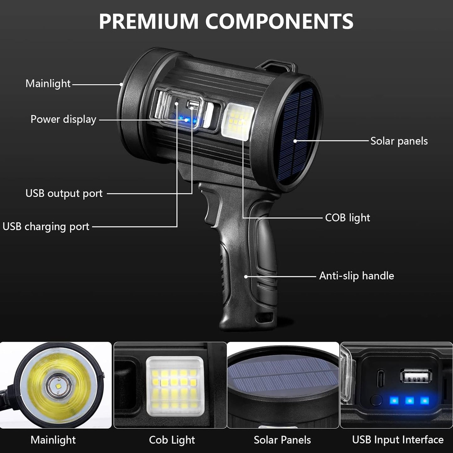 MIXILIN Rechargeable Spotlight, 90,000 Lumens Handheld Hunting Flashlight Led Spot Light with Cob Light and Solar Panels, Lightweight and Super Bright Spotlight for Hunting Boating Camping