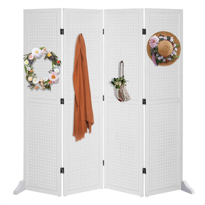 Bonnlo 4 Panel Pegboard Freestanding, 5 FT Portable Display Board Organizer for Craft Show Jewelry, Wooden Folding Privacy Screen Room Divider (with Base, White)