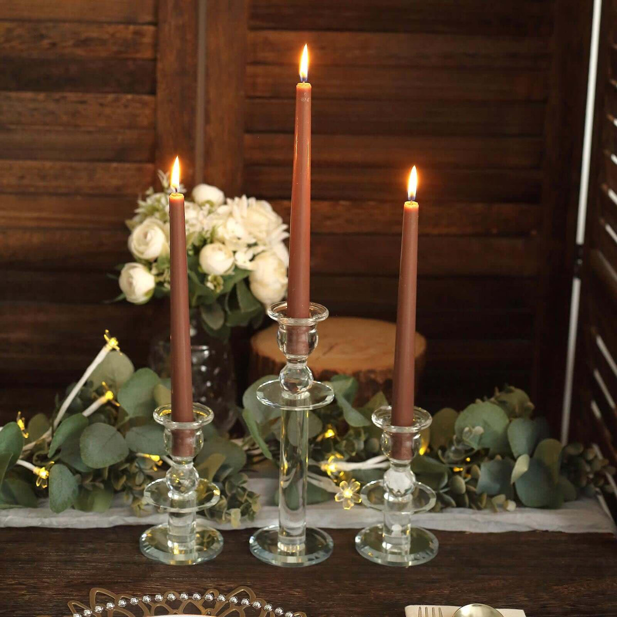 Tableclothsfactory 10" Tall Premium Quality Dripless Unscented Mocha Brown Taper Candles Wedding Dinner Candles for Wedding Decoration Set of 12