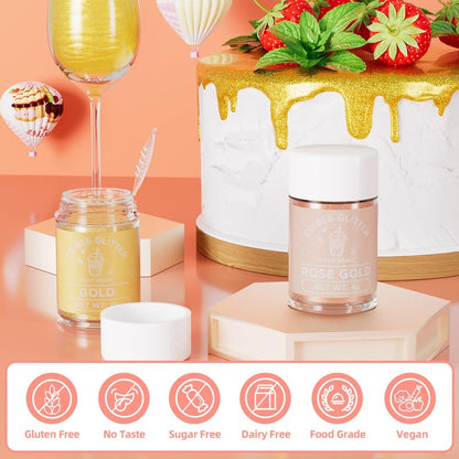 Cherrysea 2 Colors Edible Glitter Set Gold & Rose Drink Shimmer Powder Gluten Free Edible Glitter for Drinks Cocktails 4g/Bottle