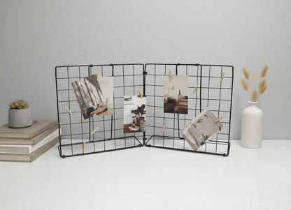 JAJAGOU Foldable Desktop Photo Display Rack & Grid Display Board with 20 Wooden Clips – Photo, Accessory & Handcraft Display Organizer for Home Office Black