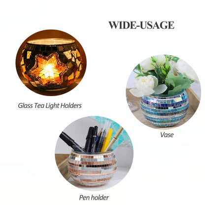 Mosaic Glass Tea Light Holders Romantic Stained Votive Candle Holder, MIATTCLD Round Handmade Tealight Candle Holder for Table Centerpieces, Christmas, Valentine, Birthday Party, Home Decor (E)