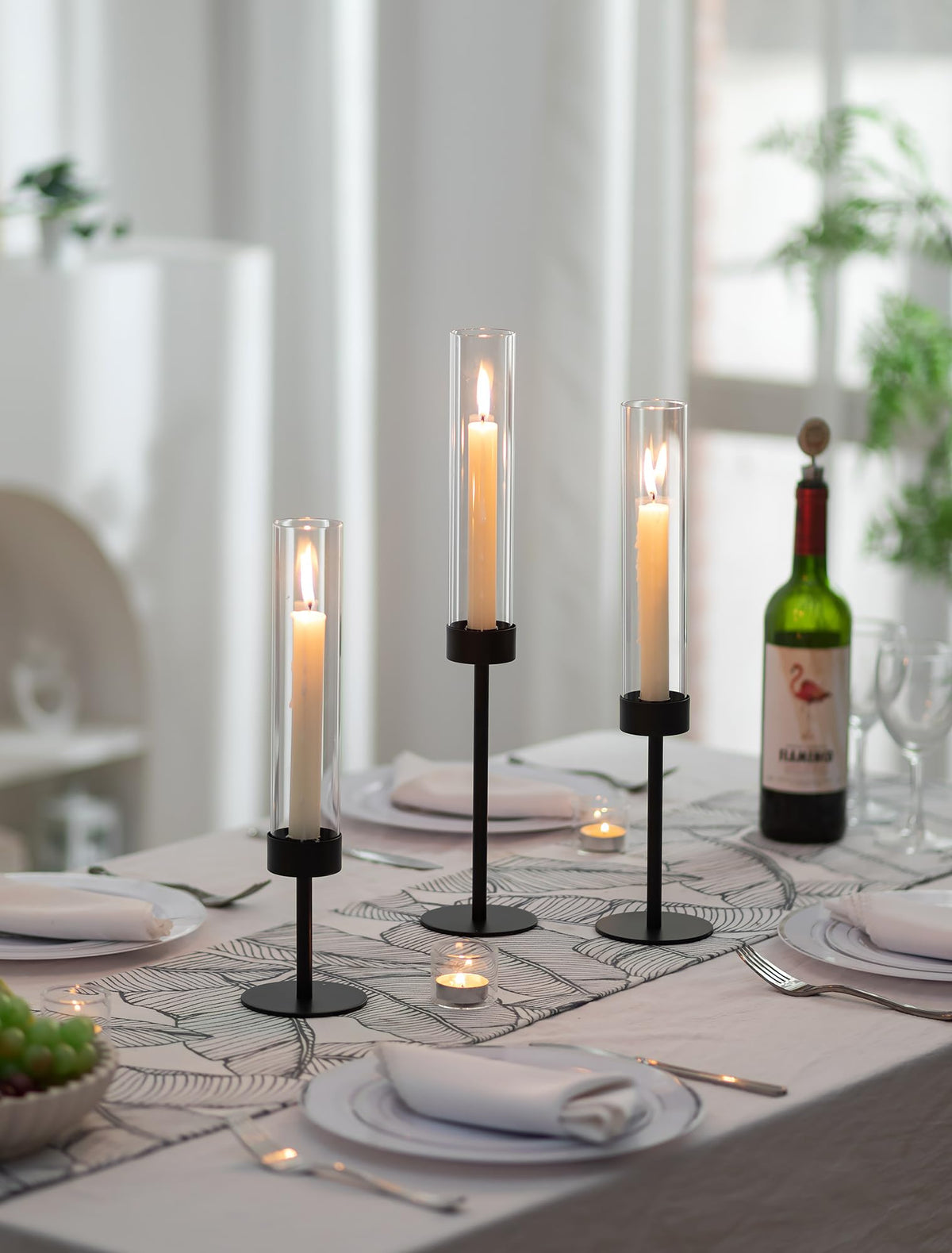 Romadedi Black Candlestick Holders Hurricane - Metal Taper Candle Holder Bulk Tall Windproof Glass Cylinder for Indoor Outdoor Table Centerpiece Christmas Halloween Modern Home Decor Set of 6