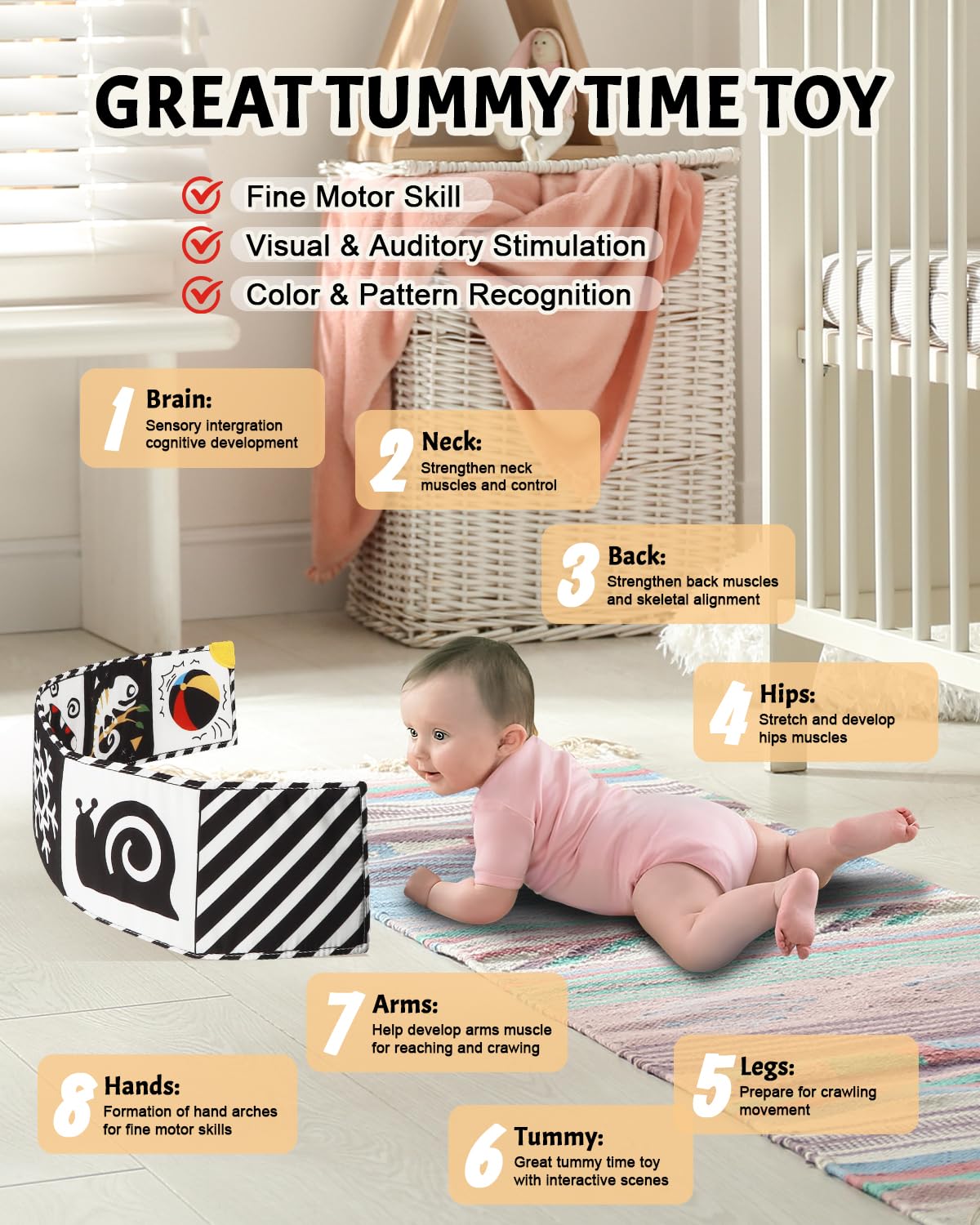 Tummy Time Toys, High Contrast Baby Book with Mirror & Teether, Black and White Infant Books, 0-6-12 Months Soft Book for Newborn, Sensory Books, Tummy Time Car Seat Toys 0-6 Month Boy Girl Gift