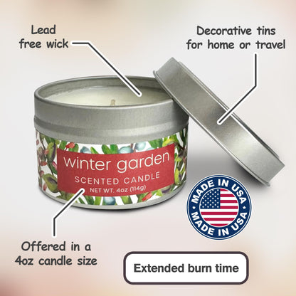 Greenwich Bay Hand-Poured Scented Candle in Decorative Tin – 4 oz/114 g Travel Candle with Lead-Free Wick, Vegetable Wax, Long-Burning Aromatherapy Gift, Single Wick – Made in USA (Winter Garden)