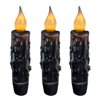 CVHOMEDECO. Real Wax Hand Dipped Battery Operated LED Timer Taper Candles Country Primitive Flameless Lights Décor, 4-3/4 Inch, Matt Black, 3 PCS in a Package