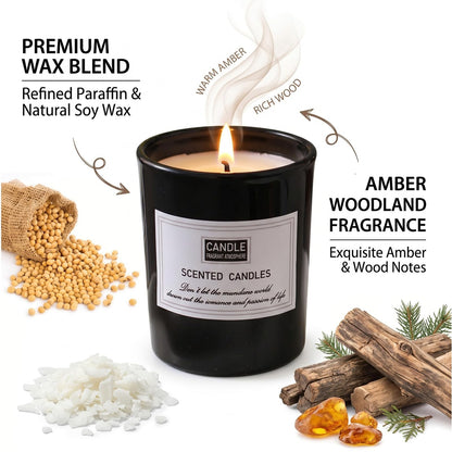 LAMKHOO Handmade Soy Wax Candle Set — Frosted Glass Jar, Smokeless Amber Woods Scent, 2-Pack Black & White, 4.5 Oz