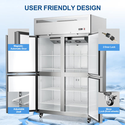 ECEVT 48" W 4 Door Commercial Refrigerator, 36 Cu.ft Stainless Steel Industrial Fridge (32℉~47℉) with 8 Adjustable Shelves, Lockable Door, Wheels, Auto-Defrost for Restaurant, Kitchen, Shop