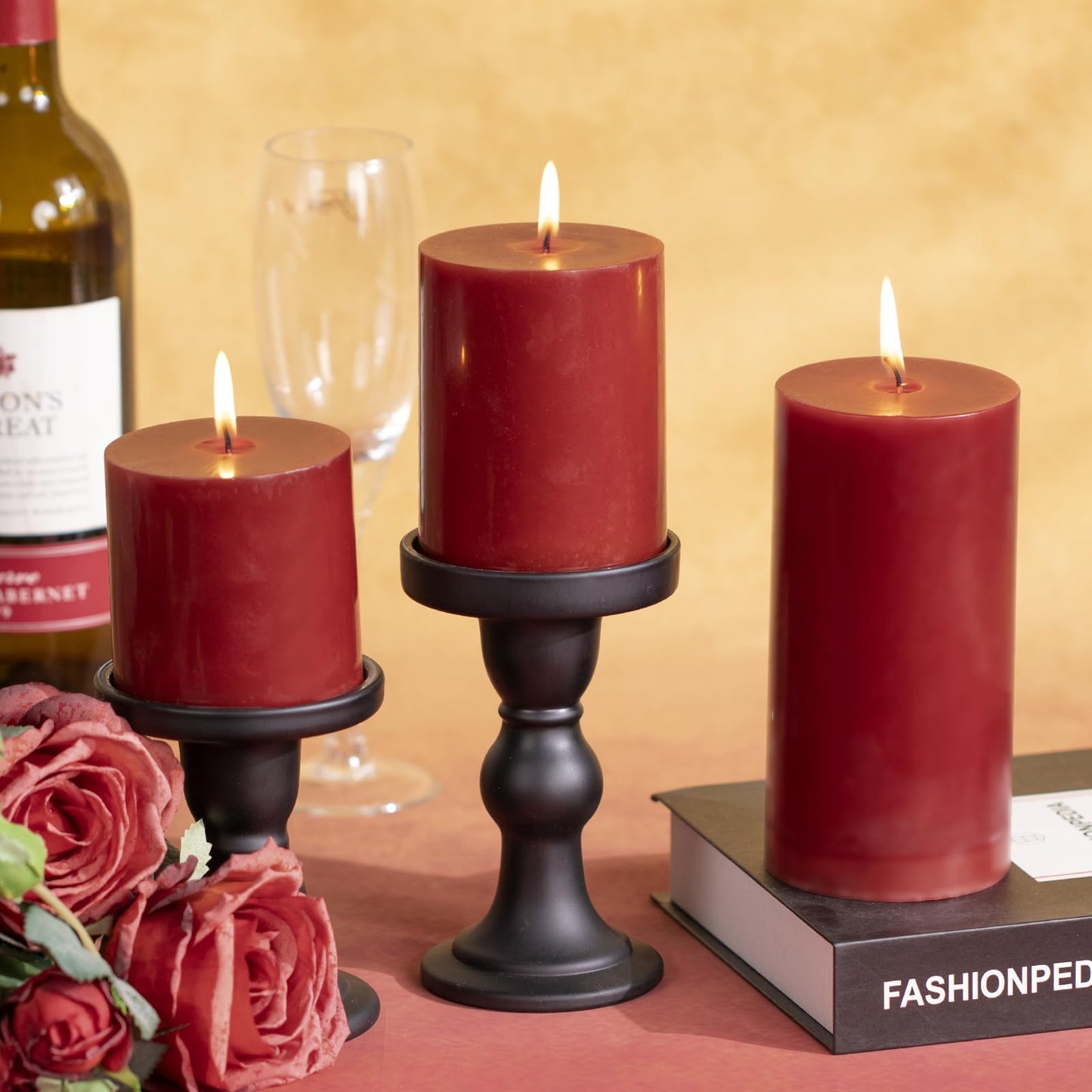 KONNI Dark Red Pillar Candles Set of 3, 3"x 4" Unscented Pillar Candles Bulk, 39 Hours Long Burning Candles, Smokeless&Dripless Large Round Candle for Wedding, Home Decoration, Parties, Spas, Dinner