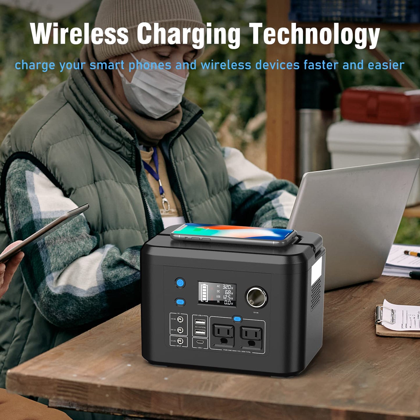 powkey Portable Power Station 350W, 260Wh/70,000mAh Backup Lithium Battery, 110V Pure Sine Wave Power Bank with 2 AC Outlets, Portable Generator for Outdoors Camping Travel Hunting Emergency