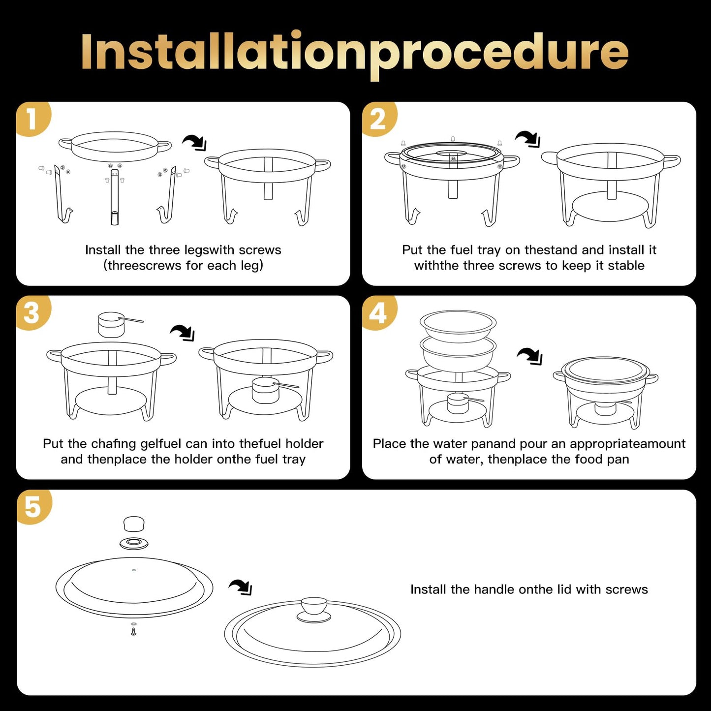 PTASYGK Chafing Dishes for Buffet - 4 Pack 5QT Gold Stainless Steel Round Food Warmer with Stainless Steel Lid, Lid Holder & Stackable Design for Home Parties & Small Catering
