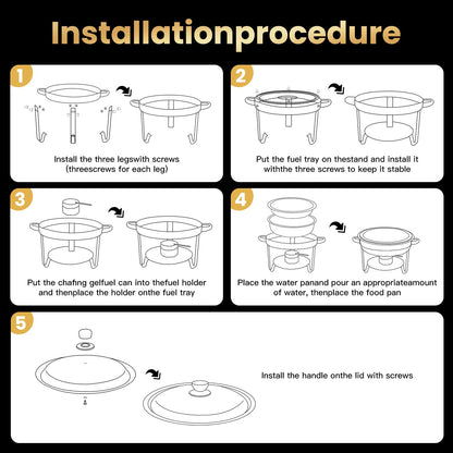 PTASYGK Chafing Dishes for Buffet - 4 Pack 5QT Gold Stainless Steel Round Food Warmer with Stainless Steel Lid, Lid Holder & Stackable Design for Home Parties & Small Catering