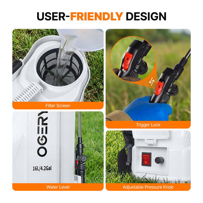 OGERY Battery Powered Backpack Sprayer 4 Gallon, 2.6Ah 21V Battery Electric Pump Sprayer with 6 Nozzles, Telescopic Stainless Steel + Plastic Wand for Lawn Garden Weed Yard Cleaning (Charger Included)