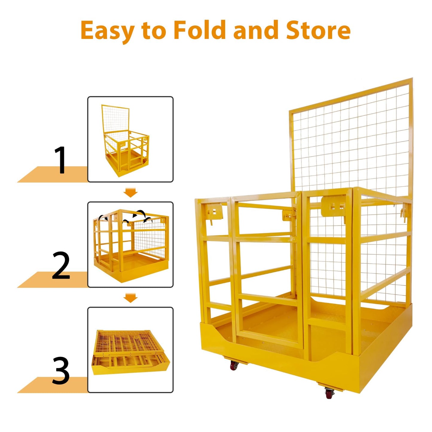 1400LBS Capacity Forklift Safety Cage with Lockable Swivel Wheels - 43"x45" Forklift Man Basket with Safety Harness - Collapsible Lift Basket