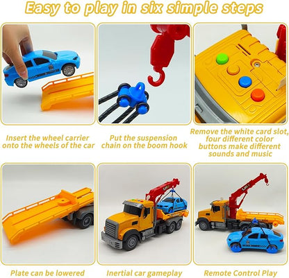 2.4GHz Remote Control Tow Truck for Kids – RC Log Truck with Racing Car 4 Channel RC Transport Crane Vehicle Toy with Lights &amp Sounds 28PCS Traffic Signs 2 Batteries – Birthday Gift for Boys Gi