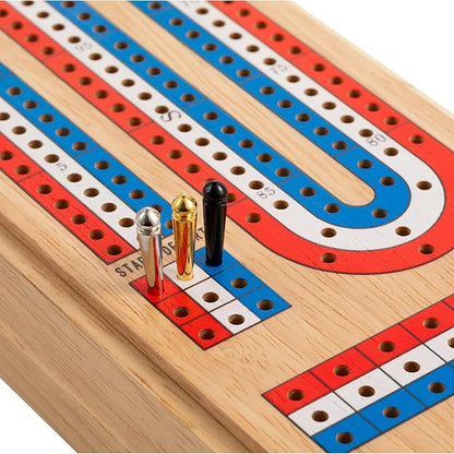 Cribbage Board Game Set with Large Storage Area Solid Wood 3 Track Cribbage Board 9 Metal Pegs 2 Playing Cards and Instruction. Portable Travel Board Game for All Ages.