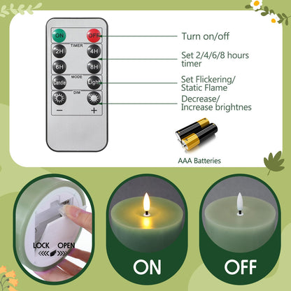 Retisee 3 Pcs Large Flameless LED Battery Operated Candles with Remote and Timer Spring Real Wax Flickering Candles for Indoor Outdoor Party Wedding Lights Decorations, Sage Green
