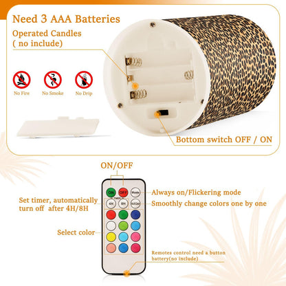panksolu Flickering Flameless Candles, Brown Leopard Print LED Candles with Remote Timer, Battery Operated Candle for Wedding Halloween Christmas Decor - Set of 2