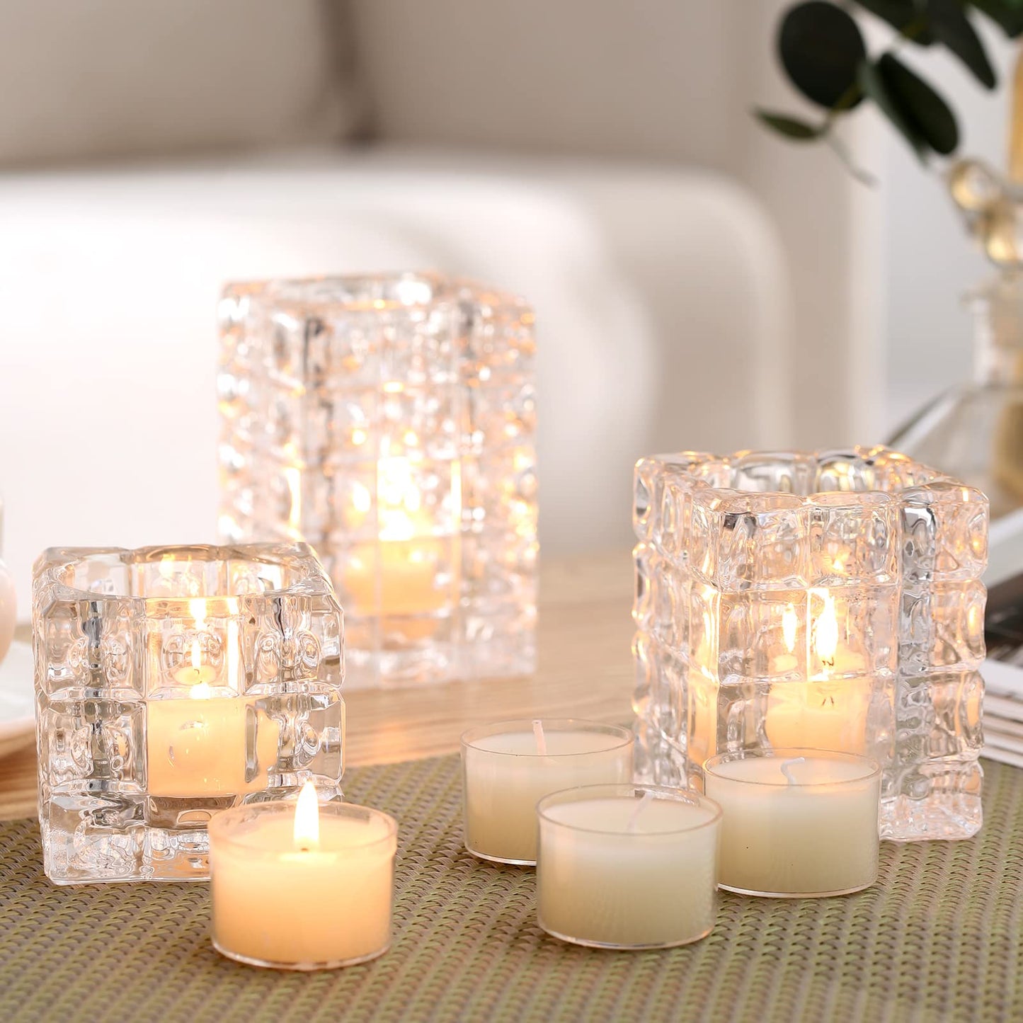 qinxiang 100 Pack Unscented Ivory Clear Cup Tea Light Candles for Dinner, Wedding, Party, Spa, Church, Home Decor Tealights
