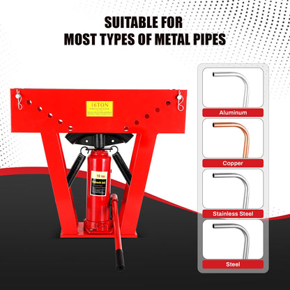 Hydraulic Pipe Bender with 8 Dies, 16 Ton Manual Copper Tubing Bender Tool Adjustable Rollers 90°-180° Steel Iron Metal Ratcheting