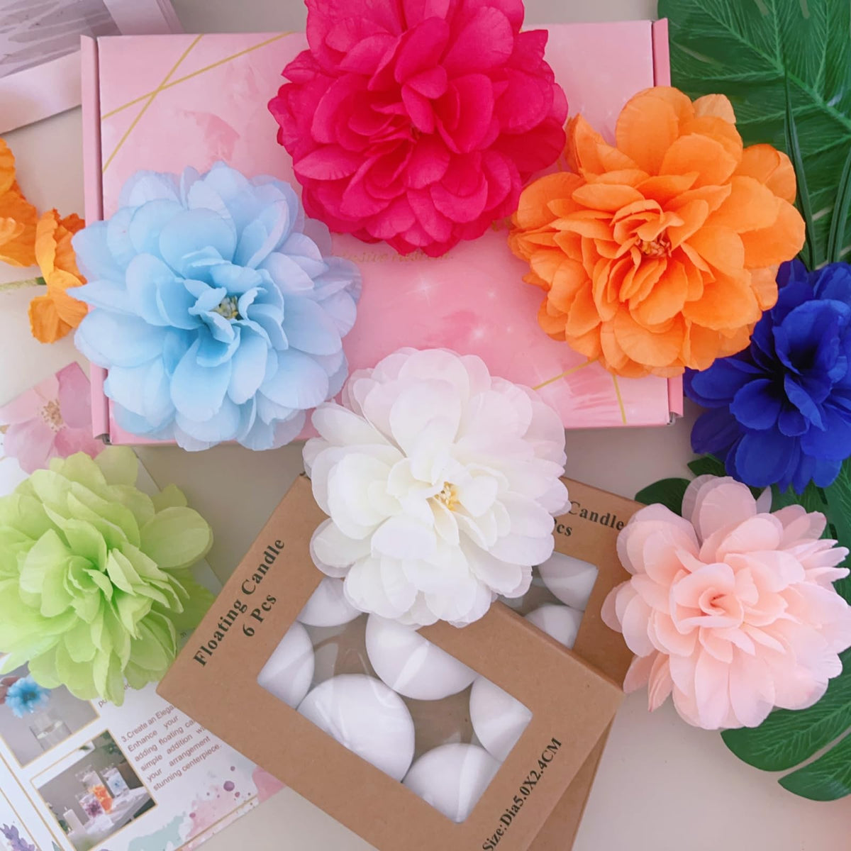 ZJGXH 24 Pcs Floating Candles for Centerpieces and Floating Flowers Vase Fillers for Centerpieces Artificial Blue Flowers for Wedding Party Home Table Decoration