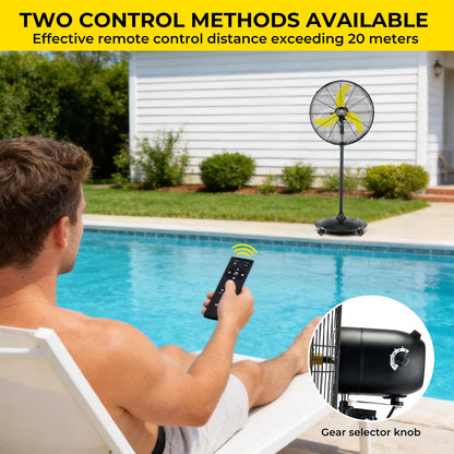 FUGOO 24'' Outdoor Oscillating Pedestal Fan With Remote Control,All Sealed BLDC Motor, 4-Speed Waterproof Outdoor Fan, Heavy Duty Industrial Floor Fans for House,Patios, Commercial, Garage, Warehouse