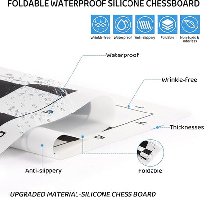 Travel Chess Set 20'' Silicone Chess Board-3.75'' King Height Plastic Piece Extra Queens &amp Storage Bag 2 in 1 Portable Chess &amp Checker Board Games for Teens and Adults