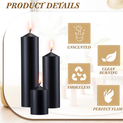 MTLEE 18 Pcs Set of 3 Pillar Candles Bulk 2 in x 3, 6, 8 Long Burning Clean Unscented Smokeless Pillar Candles for Wedding Emergency Lanterns Ceremony Party(Black)