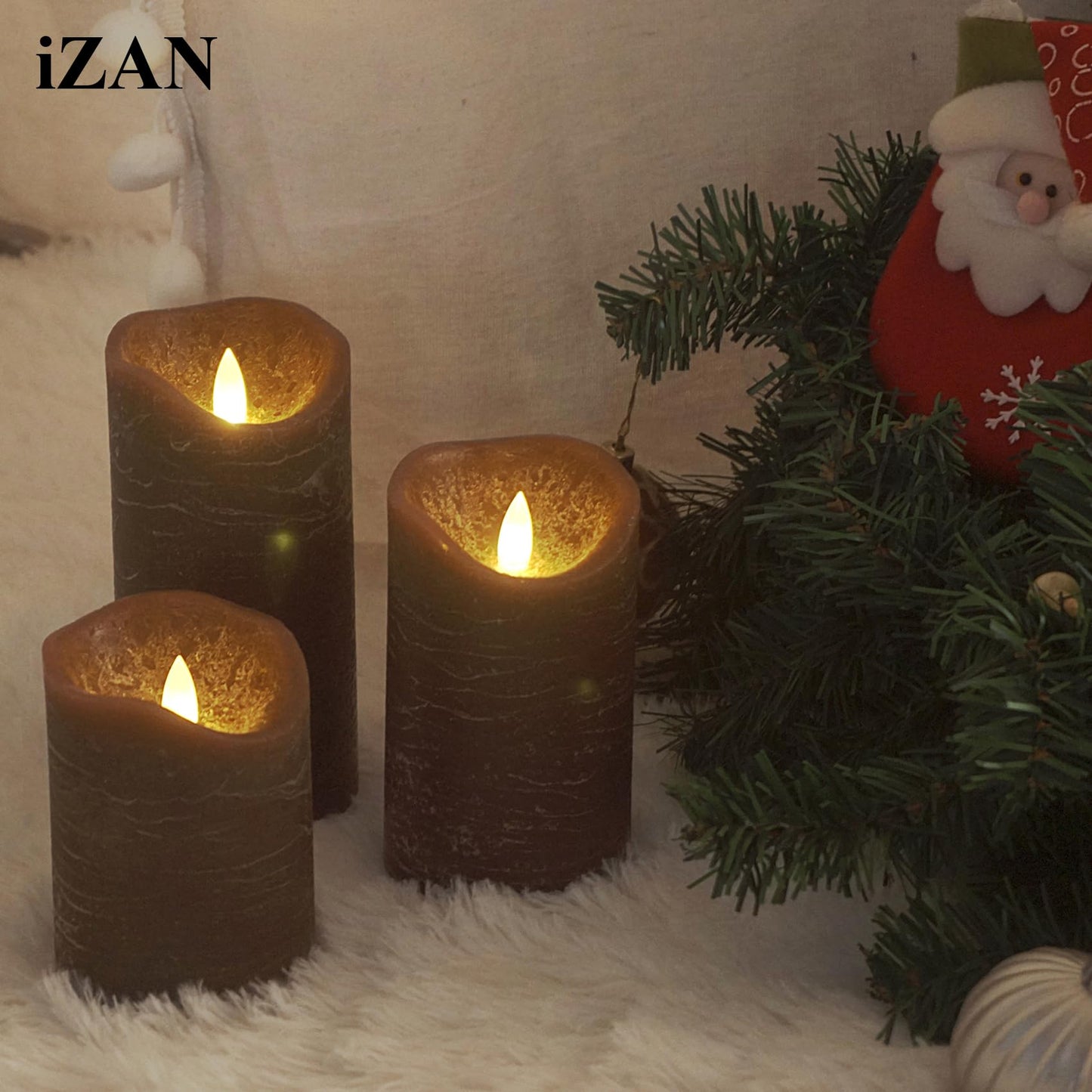iZAN 3 Pack Real Wax Flameless Candles Battery Operated LED Pillar Flickering Realistic Electric Candle Gift Sets with Remote Control and Cycling 24 Hours Timer 3”D X 4" 5" 6" H (Brown)