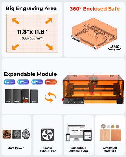 Laser Engraver, Woxcker L2 MAX 10W Enclosure Laser Cutter and Engraver Machine, 300x300mm Bed Size CNC Engraving Machine 0.01mm High Precision for Wood Stainless Steel Glass Metal (Class 1 10000mW)