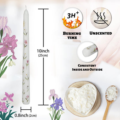 Floral Taper Candles 10 Inch Tall Unscented Handmade White Iris Print Long Burning Elegant Candlesticks for Wedding Dinner Home Decor