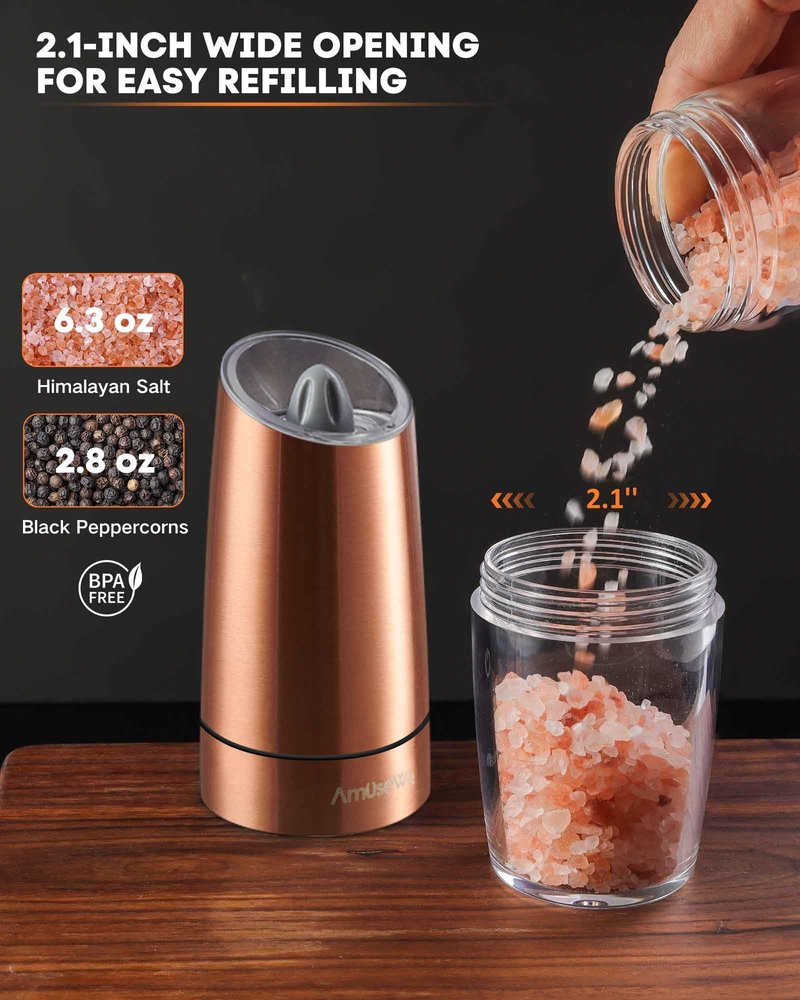 AmuseWit Gravity Electric Pepper Mill or Salt Grinder Mill [White Light] USB Rechargeable Automatic Pepper Grinder, Adjustable Coarseness, One-Handed Operation, Stainless Steel