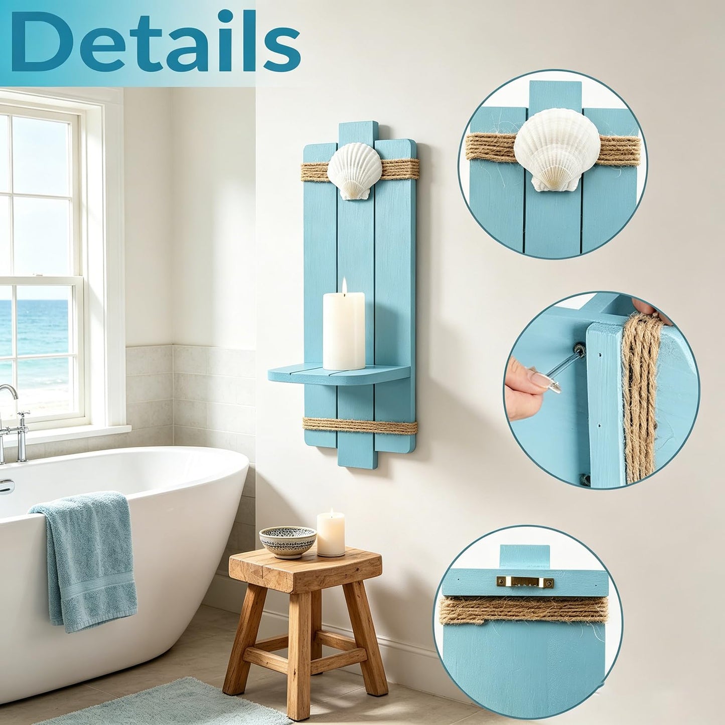 Meching Coastal Wall Candle Sconces Set of 2 Rustic Wooden Wall Mount Candle Holders Beach Shell Ocean Themed Decor Nautical Decorations for Bathroom, Living Dining Room Office﻿ (Blue)