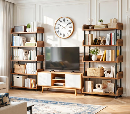 Aheaplus 5-Tier Tall Open Bookshelf, 31.5" Modern Display Bookcase with Top Edge and Pipe Metal Frame, Industrial Standing Book Shelves Metal Storage Rack for Living Room, Home Office, Rustic Brown