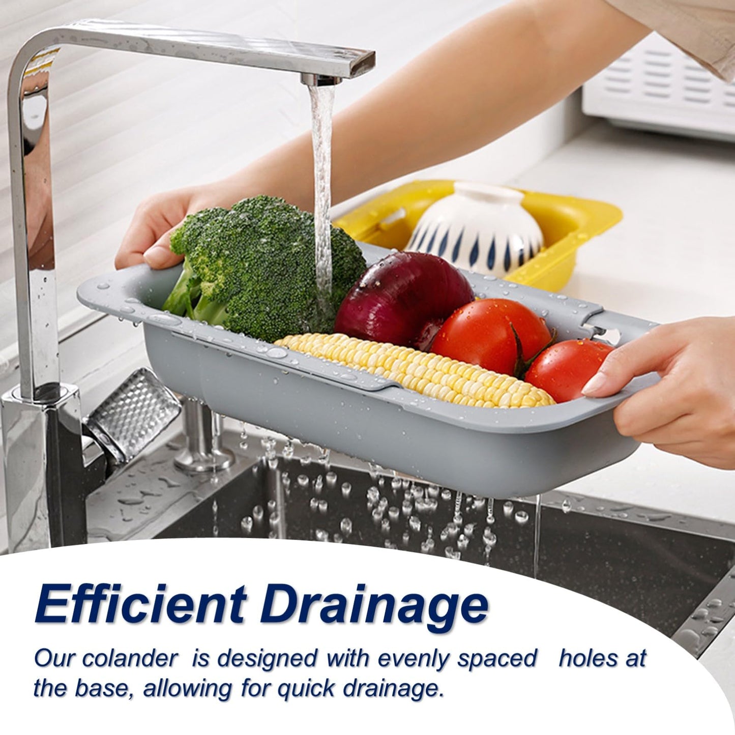 Extendable Sink Colander Strainer Basket - Wash Vegetables and Fruits, Drain Cooked Pasta and Dry Dishes - Adjustable Over the Sink Colander Collapsible Drainer Basket -Gray