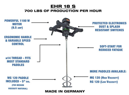 CS Unitec | EHR 18.1 S | Electric Compact Mixing Drill for 2-Bag Batches or 20 Gallons. 9.5 Amp, 0-450 RPM - Made in Germany