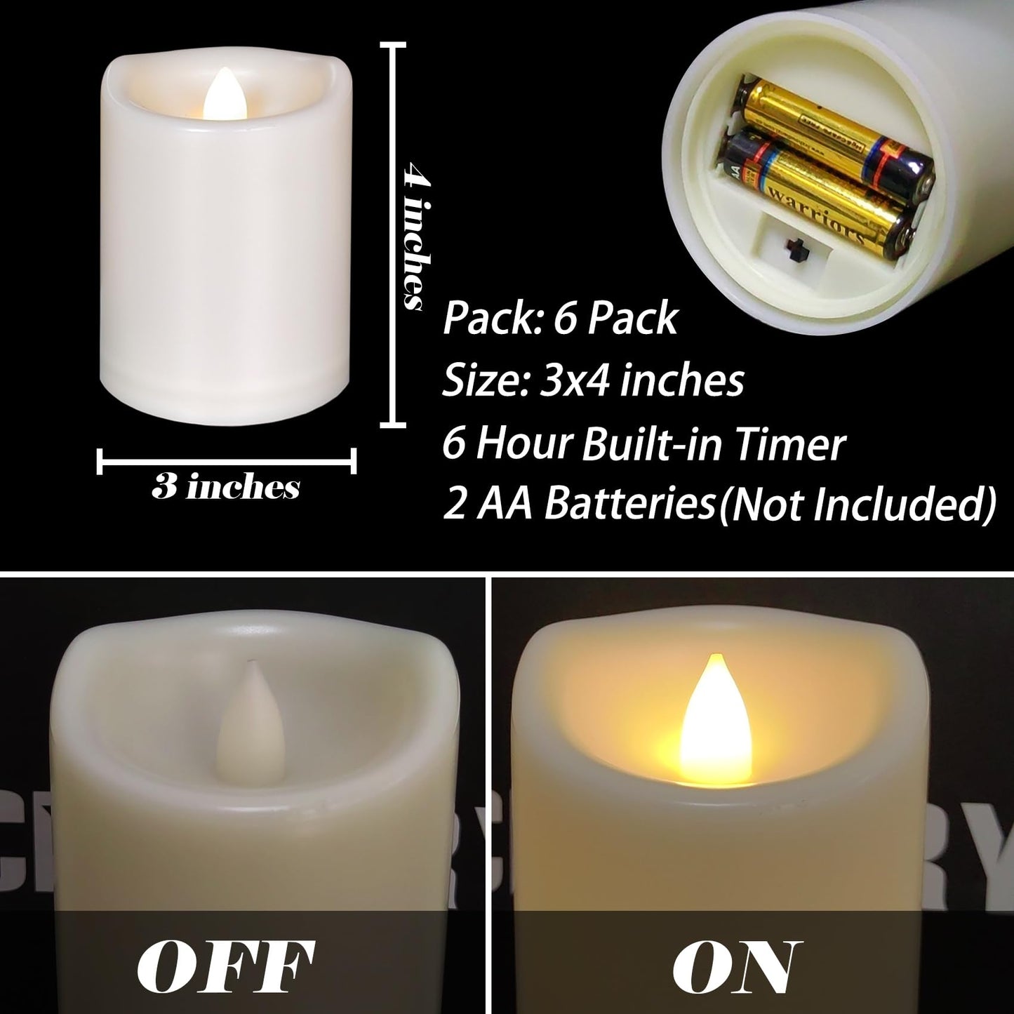 6 Pack Outdoor Battery Operated Candles with Timer (3x4 Inch) Waterproof Flameless Flickering Pillar Candles Plastic LED Fake Candle for Halloween Christmas Decoration Outside Lantern Festival Decor