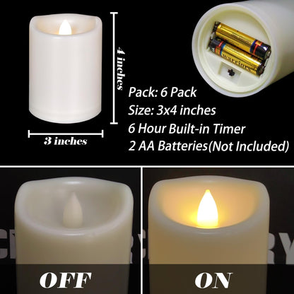 6 Pack Outdoor Battery Operated Candles with Timer (3x4 Inch) Waterproof Flameless Flickering Pillar Candles Plastic LED Fake Candle for Halloween Christmas Decoration Outside Lantern Festival Decor