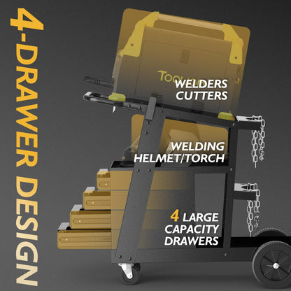 TOOLIOM Welding Cart with 4 Drawers Cabinet,Rolling Welder Cart for TIG MIG Welder and Plasma Cutter 360° Swivel Wheels Welding Trolley
