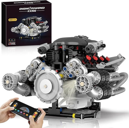 HIGH GODO V8 Engine Building Kit That Works Build Your Own MOC V8 Engine Model with App Control Visible Car Engine Model Kit with Motor and Lights Ideas Gifts for Teens Adults 14+(689 PCS)
