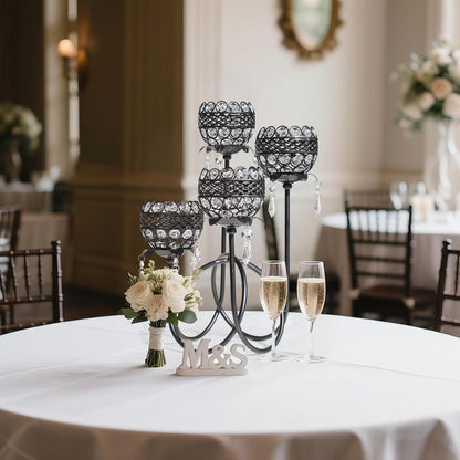 4 Arms Crystal Candelabra Tealight Holder - Tall 15.7 Inch Elegant Centerpiece with Crystal Pendant Bowls & Artistic Metal Stand for Wedding, Dining Table, Home Decor (4, Black)