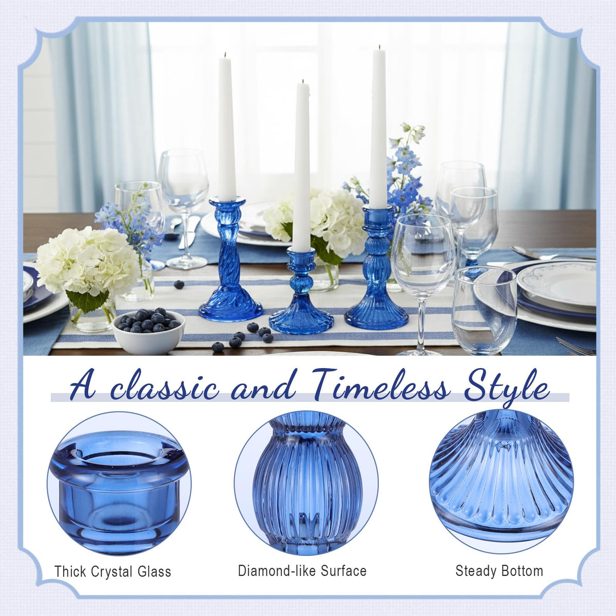 Mumufy 20 Pcs Glass Crystal Taper Candle Holders Clear Glass Candlestick Holder Fit 0.8 Inch Candles Crystal Decorative Candle Stand Centerpiece Table Wedding Dining Party (Blue)
