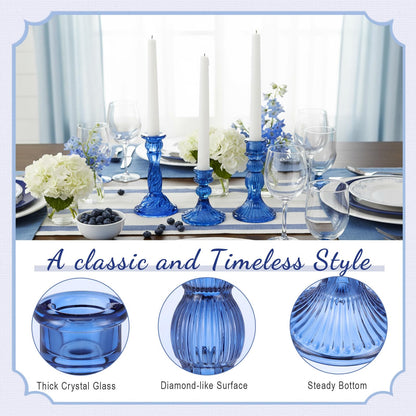 Mumufy 20 Pcs Glass Crystal Taper Candle Holders Clear Glass Candlestick Holder Fit 0.8 Inch Candles Crystal Decorative Candle Stand Centerpiece Table Wedding Dining Party (Blue)