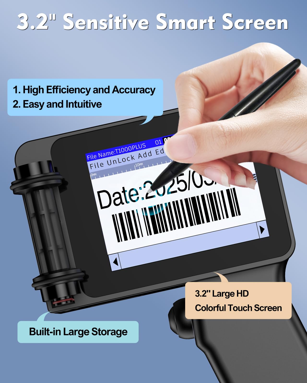 Mini 1" Handheld Inkjet Printer Gun, T1000Plus Handheld Printer Printing Height 0.08-1Inch Inkjet Coder with 42ml Fast-Drying Ink for Text QRCode/Barcode/Batch Number/Date Printer with Touch Screen