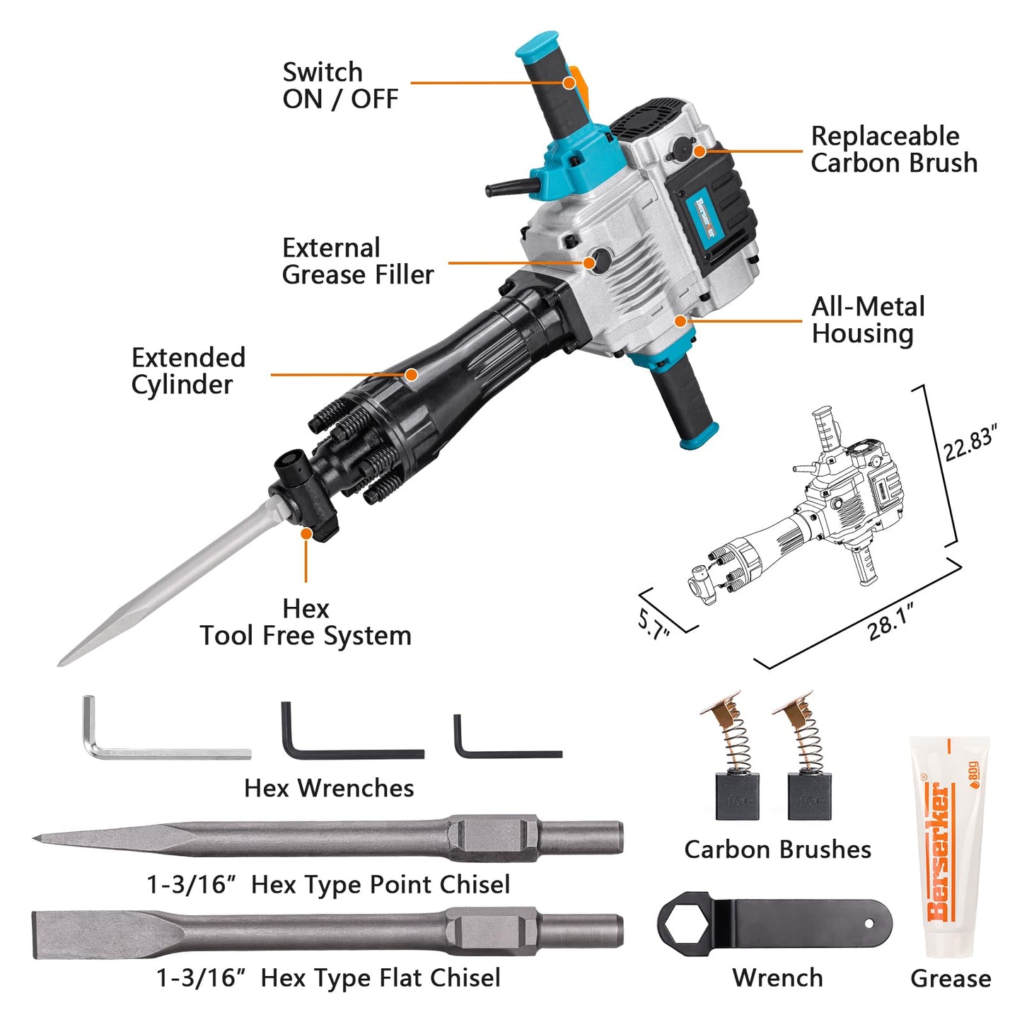 Berserker 50-Pound Demolition Jack Hammer with 1-3/16" Hex Ground Rod Driver