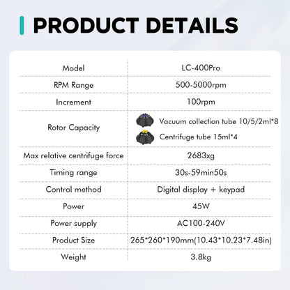 LAB FISH Centrifuge Machine LC-400PRO 2ml/5ml/10ml/15ml Lab Test Tubes | Low Speed Control 500-5000RPM,Max 2683xg | Timer Function 30sec-59min